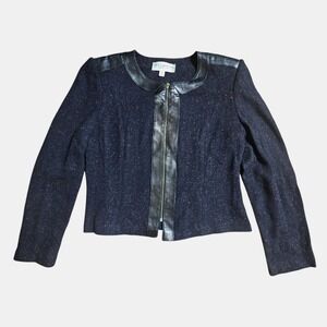 St. John Collection Tweed‎ Leather Trim Blazer Jacket 6 Front Zip Edgy Chic